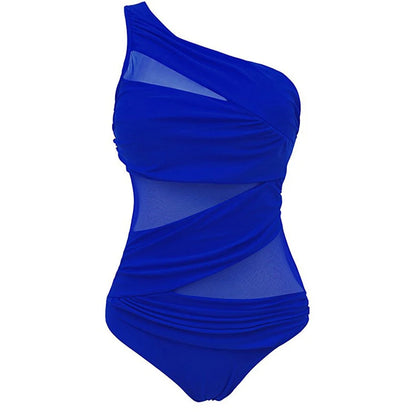 Plus Size One Shoulder Swimsuit - Women's Mesh Push Up Padded Slim Fit Solid Color Bathing Suit