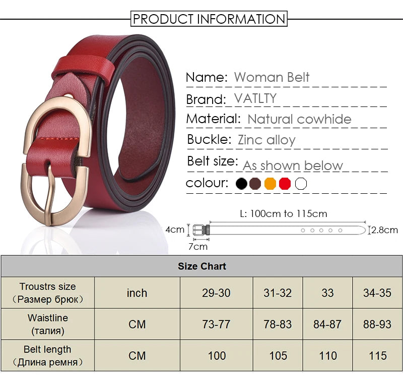VATLTY Women's Leather Belt – Authentic Cowhide with Golden Alloy Buckle, Jeans & Trousers Belt (ZK105)