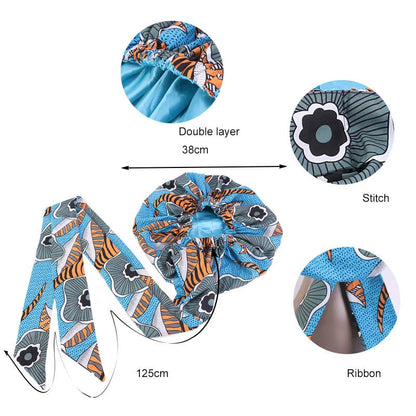 African Satin Lined Bonnet with Long Ribbon - Floral Ankara Print Head Wrap Turban Cap for Women