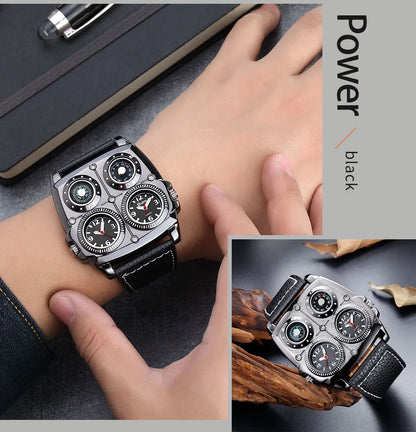 Oulm Men’s Two Time Zone Army Pilot Watch — Large Military Quartz Leather Strap Wristwatch