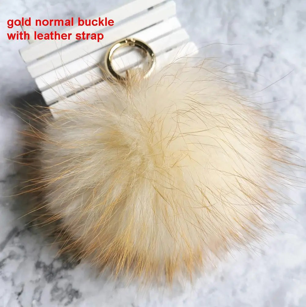 Luxury 15cm Fluffy Real Raccoon Fur Pom Pom Keychain – High-Quality Metal Ring Pendant for Women
