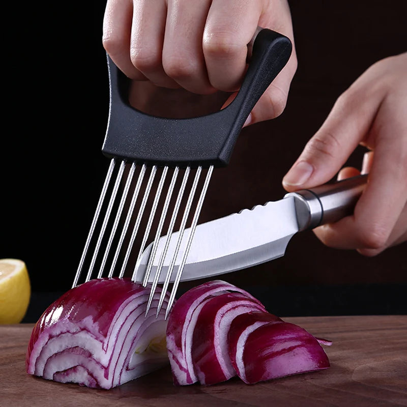 Stainless Steel Onion Cutter Holder | Food Slicers Assistant | Tomato Onion Slicer Holder | Vegetables Cutting Fork - Kitchen Gadgets