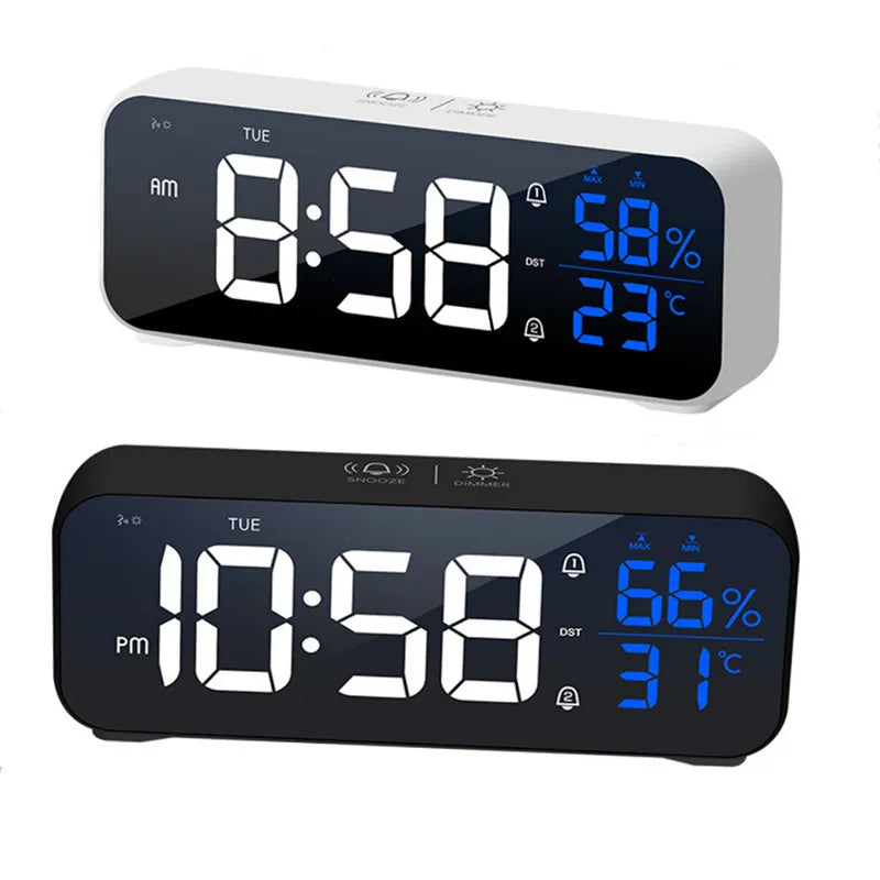 Music Alarm Clock with Temperature Humidity Display: Voice Control/Always On Table & Wall Clock - Dual Alarm, Rechargeable Digital LED Clocks