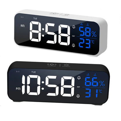 Music Alarm Clock with Temperature Humidity Display: Voice Control/Always On Table & Wall Clock - Dual Alarm, Rechargeable Digital LED Clocks