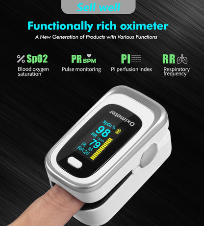 KIUZOU Finger Pulse Oximeter – SPO2, PR, PI, RR Blood Oxygen Monitor with OLED Display