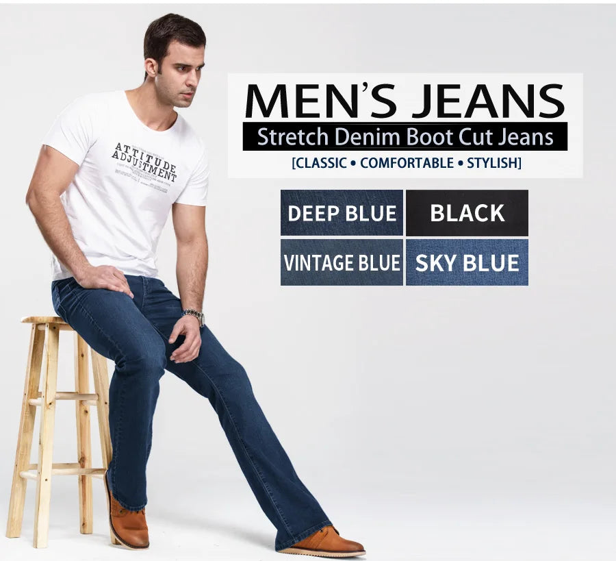 Men’s Bootcut Jeans — Slim Fit Stretch Denim Pants Slightly Flared Classic Designer Trousers Blue Black