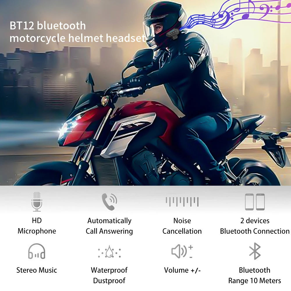 BT12 Motorcycle Helmet Headset - Stereo Bluetooth Earphone, Wireless Hands-Free Mic & Music Player for Motorbike Riders