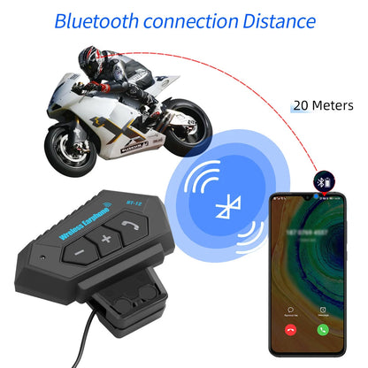 BT12 Motorcycle Helmet Headset - Stereo Bluetooth Earphone, Wireless Hands-Free Mic & Music Player for Motorbike Riders