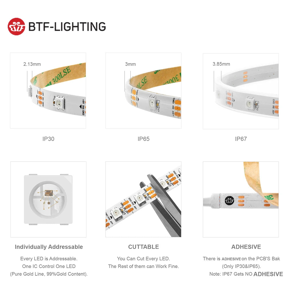 WS2812B RGB LED Strip Lights DC5V – Individually Addressable Smart Pixel Magic Light Strips (IP30/IP65/IP67) for DIY Lighting Effects