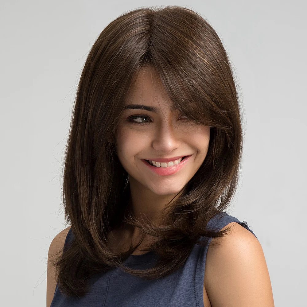 ESIN Synthetic Dark Brown Wig for Women - Long Wavy Wig with Bangs, Heat Resistant for Party & Daily Use