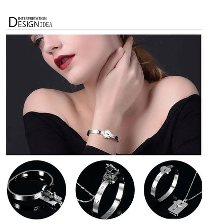 Couple Jewelry Set – Stainless Steel Love Heart Lock Bracelets & Key Pendant Necklace for Men & Women Gift