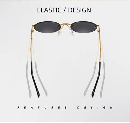 Retro Oval Rimless Sunglasses – Blue Mirror Gold Metal UV400 for Men & Women