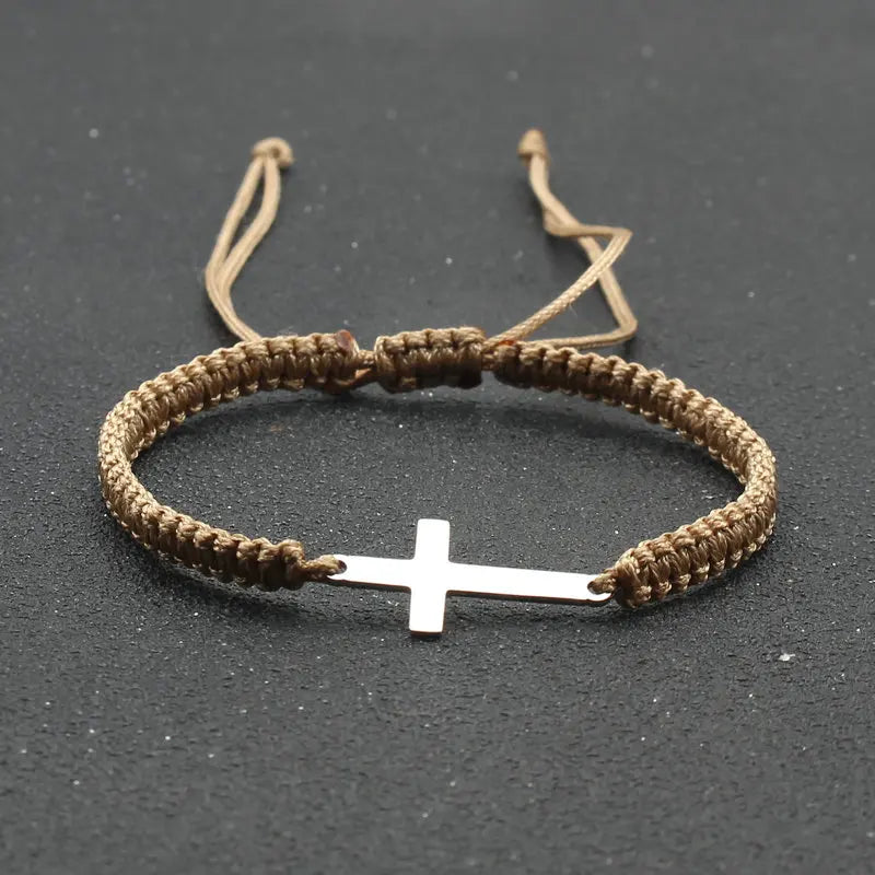 Stainless Steel Cross Charm Bracelet - Handmade Adjustable Braided Rope Chain Couple Jewelry for Women & Men