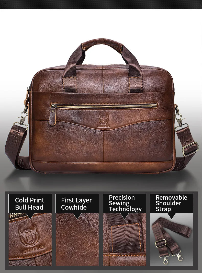 BULLCAPTAIN Men's Genuine Leather Briefcase – 14-Inch Laptop Shoulder Messenger Bag for Business & Office