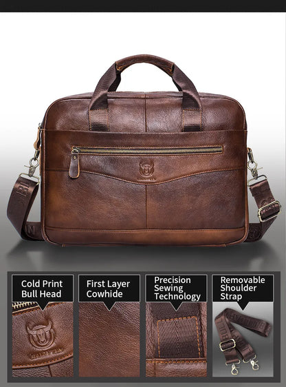 BULLCAPTAIN Men's Genuine Leather Briefcase – 14-Inch Laptop Shoulder Messenger Bag for Business & Office