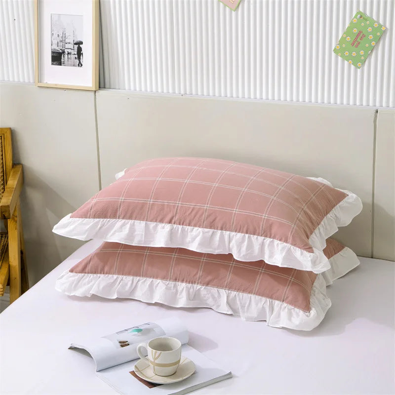 2 Pack 48x74cm Plaid Washed Cotton Pillowcases – Super Soft Ruffled Bedding Covers for Home & Dorm Decor