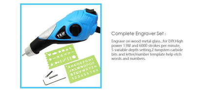13W Electric Engraving Pen Tool – Etcher with Carbide Tips & Stencils for Wood, Metal, Glass, Plastic & Craft Work