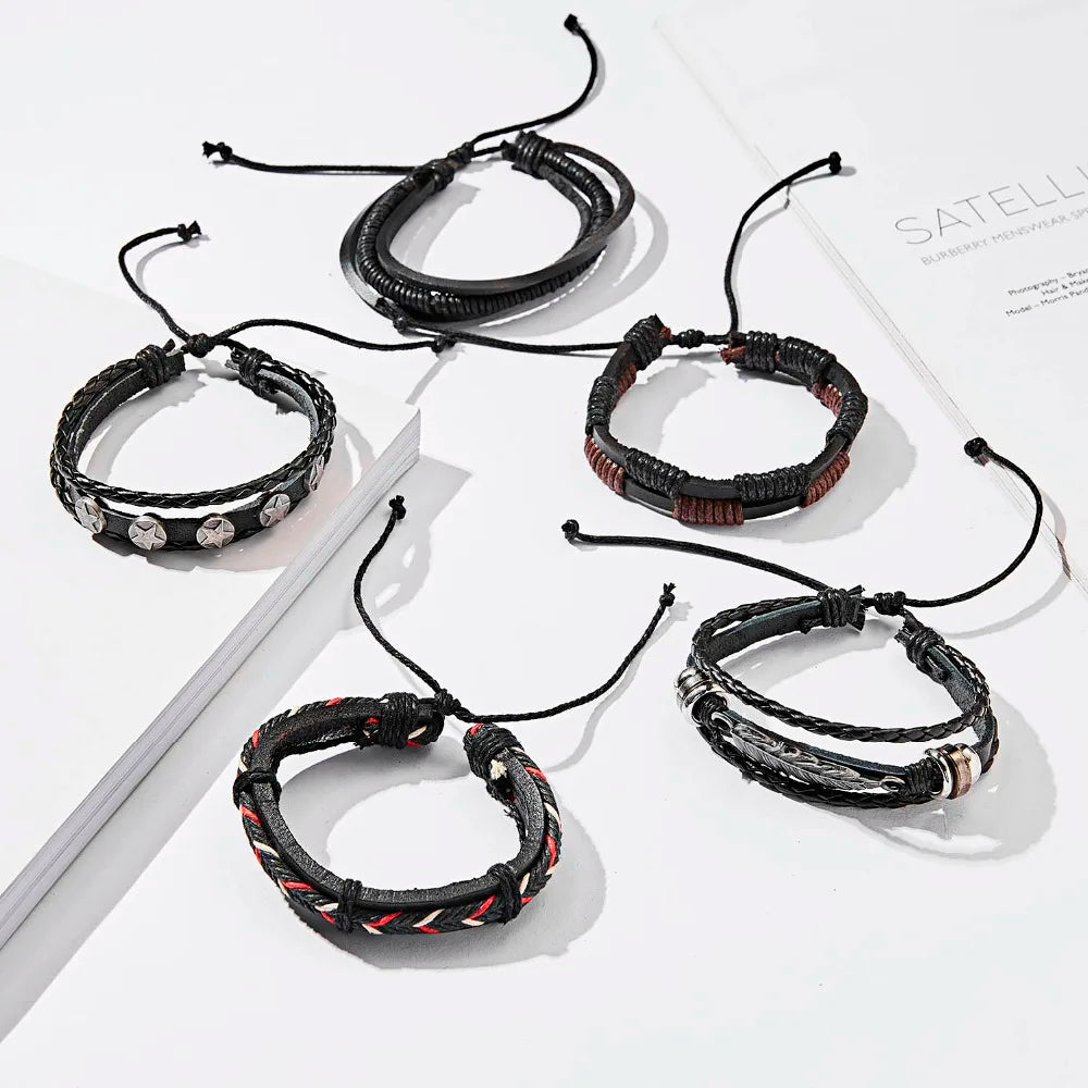 Men's Vintage Multilayer Leather Braid Bracelet - Handmade Star, Leaf & Owl Rope Wrap Bangle, Male Gift Jewelry