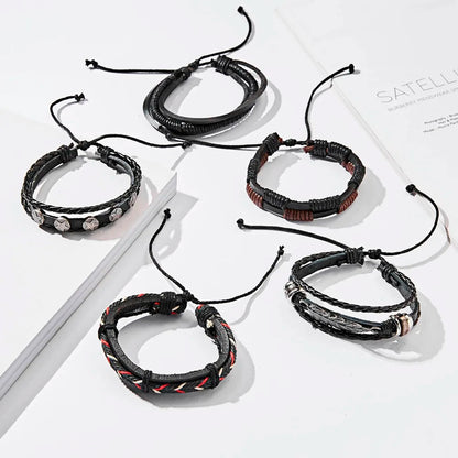 Men's Vintage Multilayer Leather Braid Bracelet - Handmade Star, Leaf & Owl Rope Wrap Bangle, Male Gift Jewelry