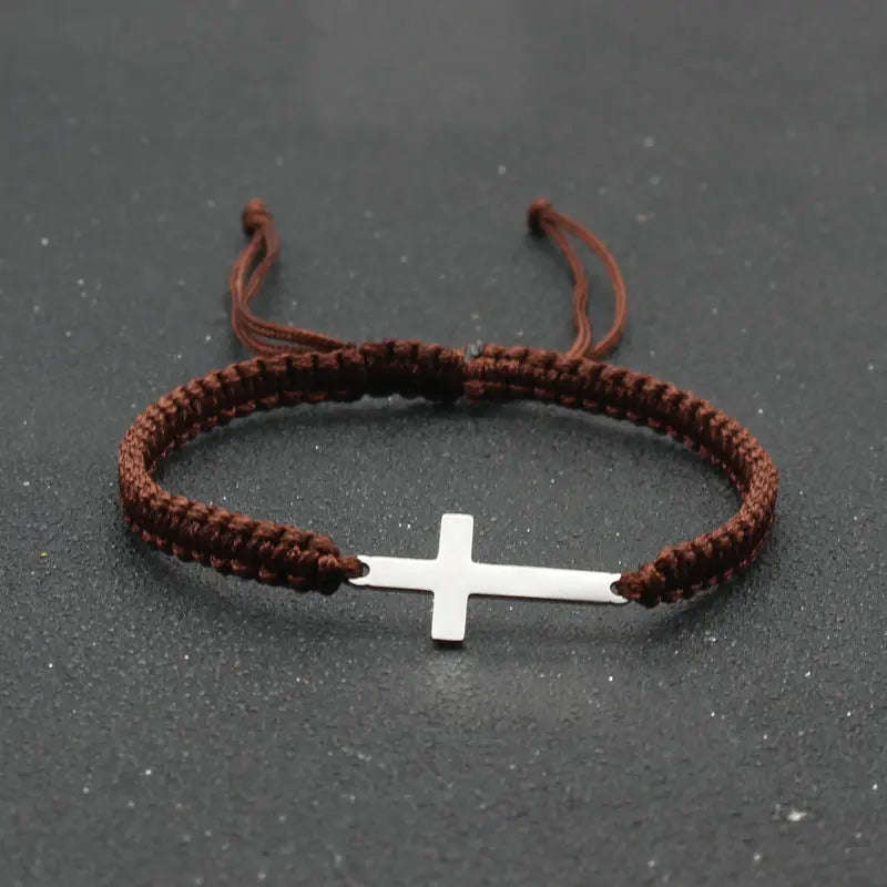 Stainless Steel Cross Charm Bracelet - Handmade Adjustable Braided Rope Chain Couple Jewelry for Women & Men