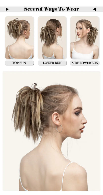 Synthetic Fake Hair Messy Bun Chignon – Elastic Scrunchy Curly Hairpiece, Flexible Band SARLA Synthetic Extension