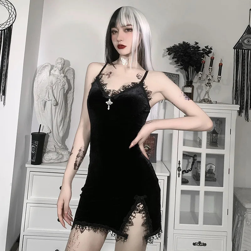 Dark Cross Black Mini Dress – Vintage Sexy Spaghetti Strap High Waist Slit Dress, Goth Party Clubwear for Women