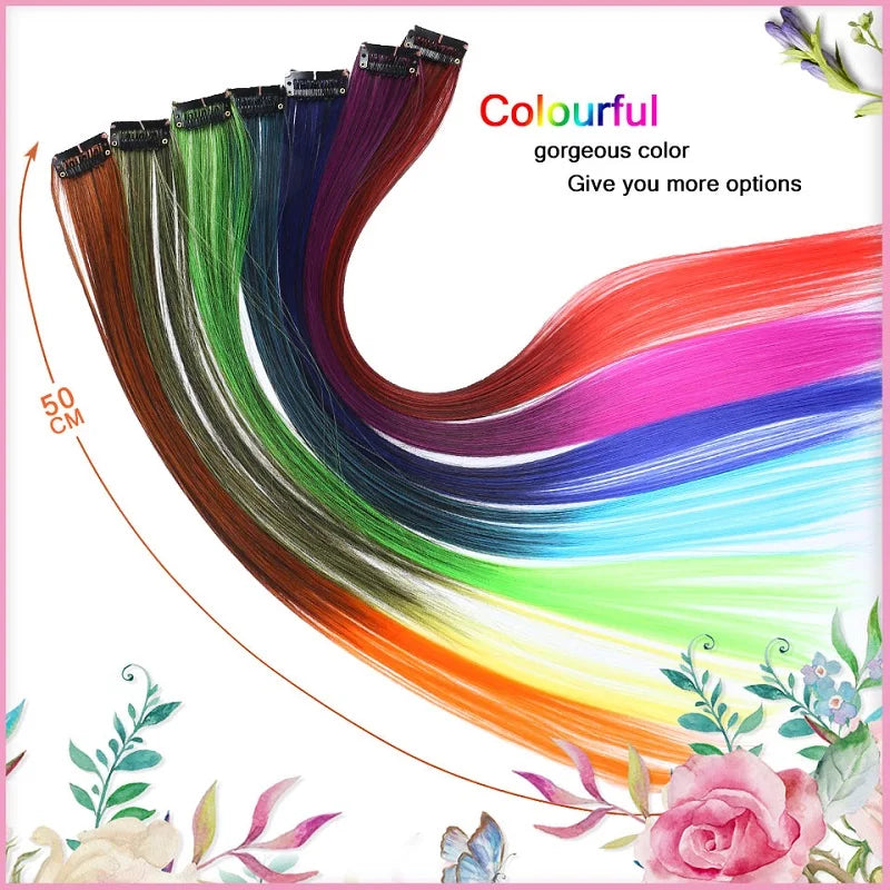 BUQI Straight Clip-In Colored Hair Extensions – Rainbow Synthetic Hair Streaks in Pink, Orange, White & Purple