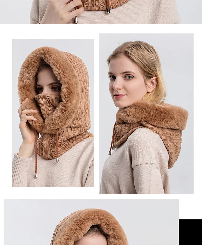 Winter Fur Cap Mask Set – Hooded Knitted Cashmere Neck Warmer, Plush Windproof Balaclava Ski Beanie for Women