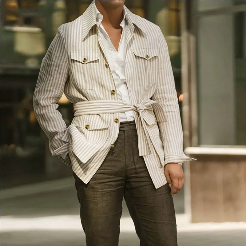 Men’s Spring Light Luxury Striped Long Sleeve Shirt with Pocket, Casual Button-Down Streetwear Shirt with Belt S–5XL 2025 Edition