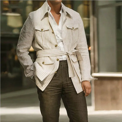 Men’s Spring Light Luxury Striped Long Sleeve Shirt with Pocket, Casual Button-Down Streetwear Shirt with Belt S–5XL 2025 Edition