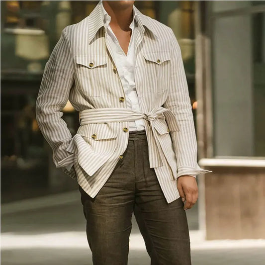 Men’s Spring Light Luxury Striped Long Sleeve Shirt with Pocket, Casual Button-Down Streetwear Shirt with Belt S–5XL 2025 Edition