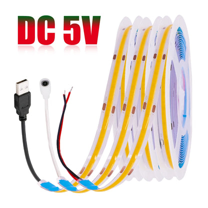 DC 5V USB LED COB Strip Light – High Density 320LED Flexible Tape Lighting in Warm White, Natural White, Red, Blue & Green for Home Decor