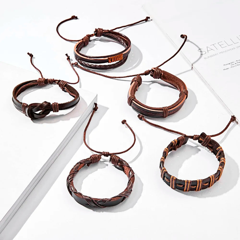 Men's Vintage Multilayer Leather Braid Bracelet - Handmade Star, Leaf & Owl Rope Wrap Bangle, Male Gift Jewelry