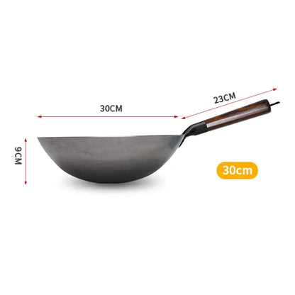 Hand Forged Household Iron Wok, Pure Iron Pan with Wooden Handle, Non-Coating, Non-Stick, for Gas Cooker
