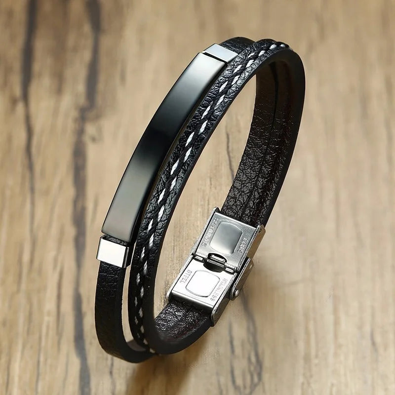 Delysia King 2021 Trendy Men's Leather Weave Bracelet - Leisure Color Contrast Stainless Steel Bangle