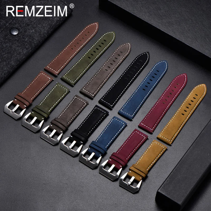 Genuine Leather Watch Band – Vintage Matte Black, Blue & Brown Strap for Men & Women, 18mm-24mm Wrist Bracelet