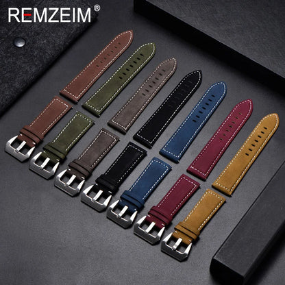 Genuine Leather Watch Band – Vintage Matte Black, Blue & Brown Strap for Men & Women, 18mm-24mm Wrist Bracelet