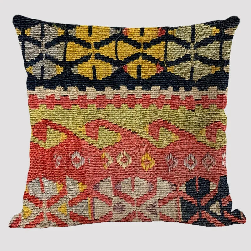 Bohemian Linen Cushion Cover – Multicolor Ethnic Geometric Pattern Decorative Pillow for Living Room Sofa