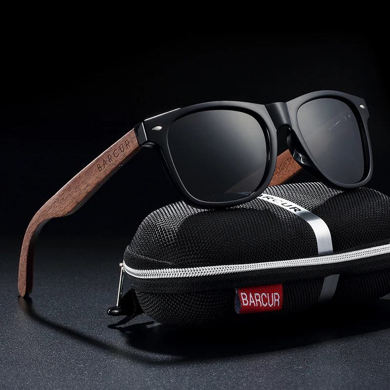 BARCUR Black Walnut Wood Polarized Sunglasses for Men – High-Quality Square UV400 Eyewear with Original Box