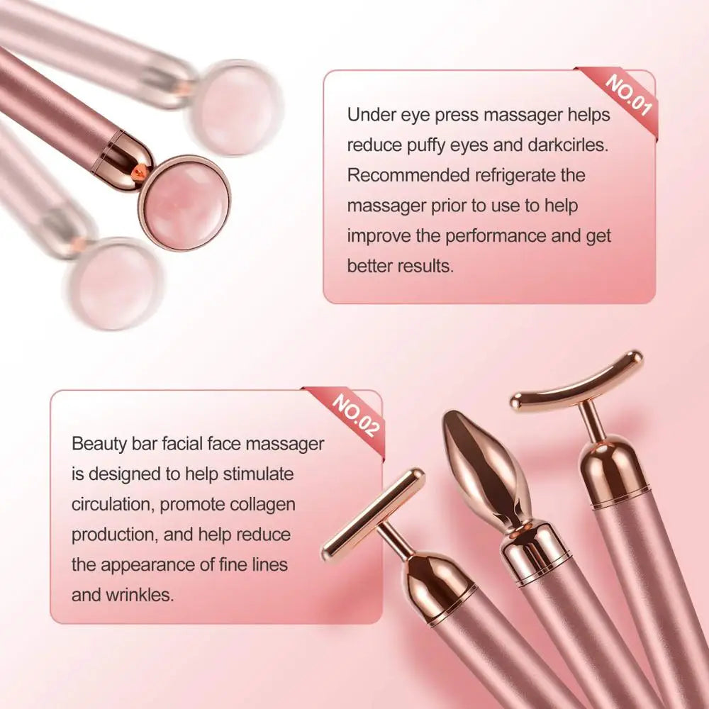 4 in 1 Vibrating Rose Quartz Roller - T/V Shaped Face and Eye Massager for Lifting, Slimming, and Beauty Care