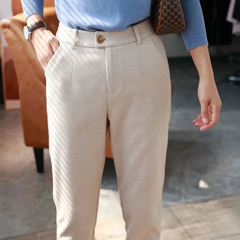 Women's Woolen Harem Pants - High Waisted Casual Pencil Trousers for Autumn/Winter 2024, Ideal for Office and Everyday Wear