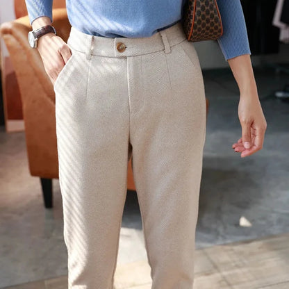 Woolen Harem Pants for Women - High Waisted Casual Pencil Trousers for Autumn/Winter 2024, Perfect for Office and Everyday Wear