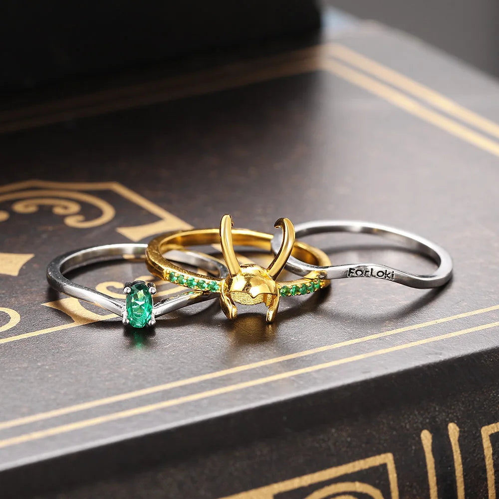 Loki Ring Sets For Women - Superhero Thor Green Crystal Matching Crown Helmet Rings - Stacking Jewelry for Unisex Cosplay - Accessory 03