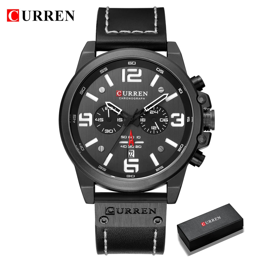 CURREN Men's Luxury Waterproof Sport Watch – Chronograph Quartz Military Wristwatch with Genuine Leather Strap