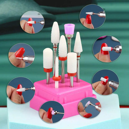 7PCS Ceramic Nail Drill Bit Set – Manicure Tools for Gel Polish, Cuticle Care with Holder