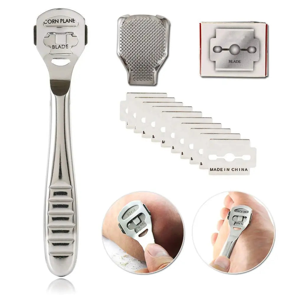 Foot Callus Shaver with Stainless Steel Handle - Hard Skin Remover for Heels, Pedicure Razor Tool with 10 Blades