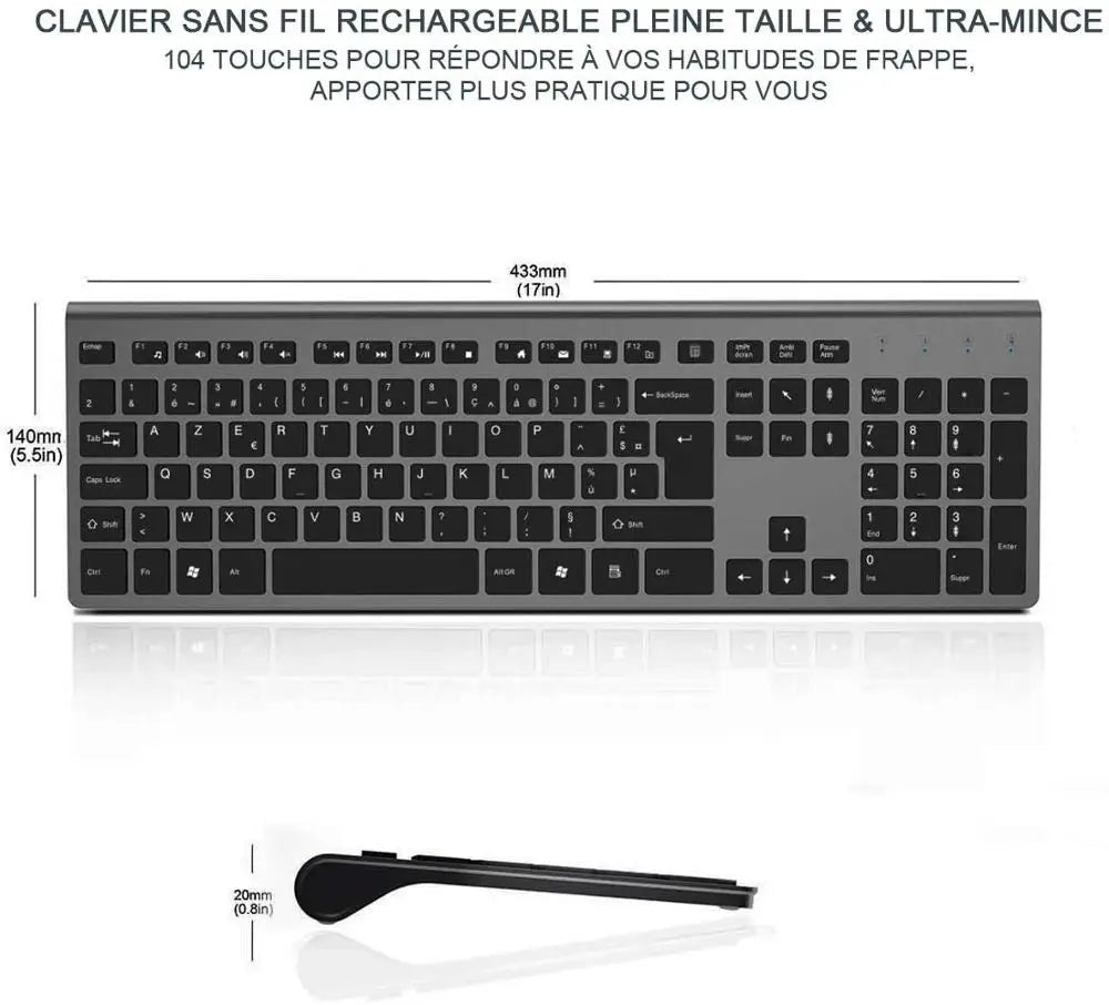 France Layout Wireless Keyboard and Mouse Combo – Full-Size Slim AZERTY Numeric Keypad, Rechargeable Built-In Battery Set