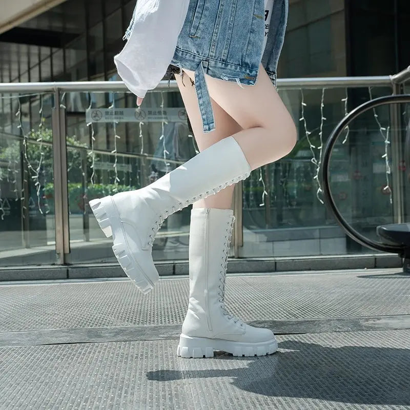 Aphixta 2025 Women’s Winter Knee-High Boots – White PU Leather Lace-Up Platform Fashion Shoes