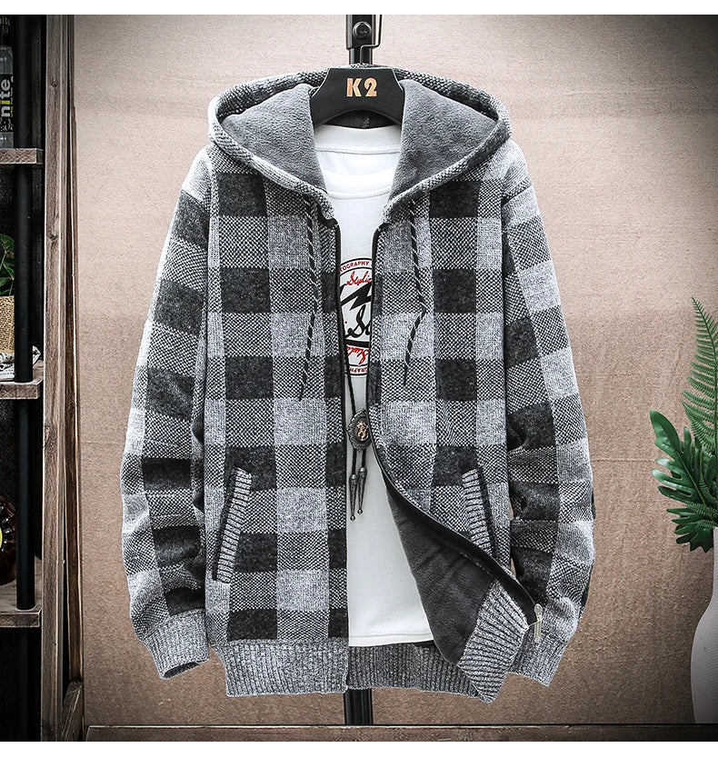 Men's Winter Plaid Hooded Cardigan – Warm Wool Fleece Zipper Jacket Knit Sweater Coat