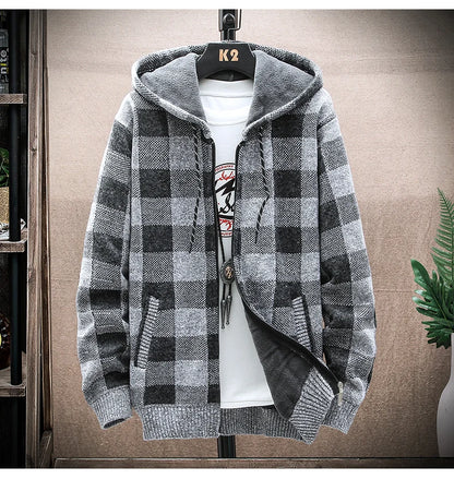 Men's Winter Plaid Hooded Cardigan – Warm Wool Fleece Zipper Jacket Knit Sweater Coat